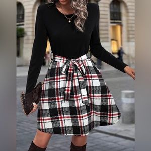 Plaid print belted dress